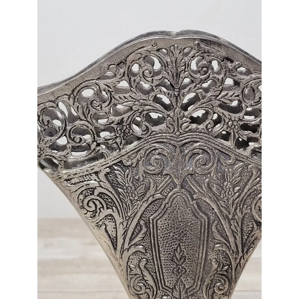 Vintage Silver Plated 9.5” Art Nouveau Ornate Fan Shaped Pierced Filigree Flower